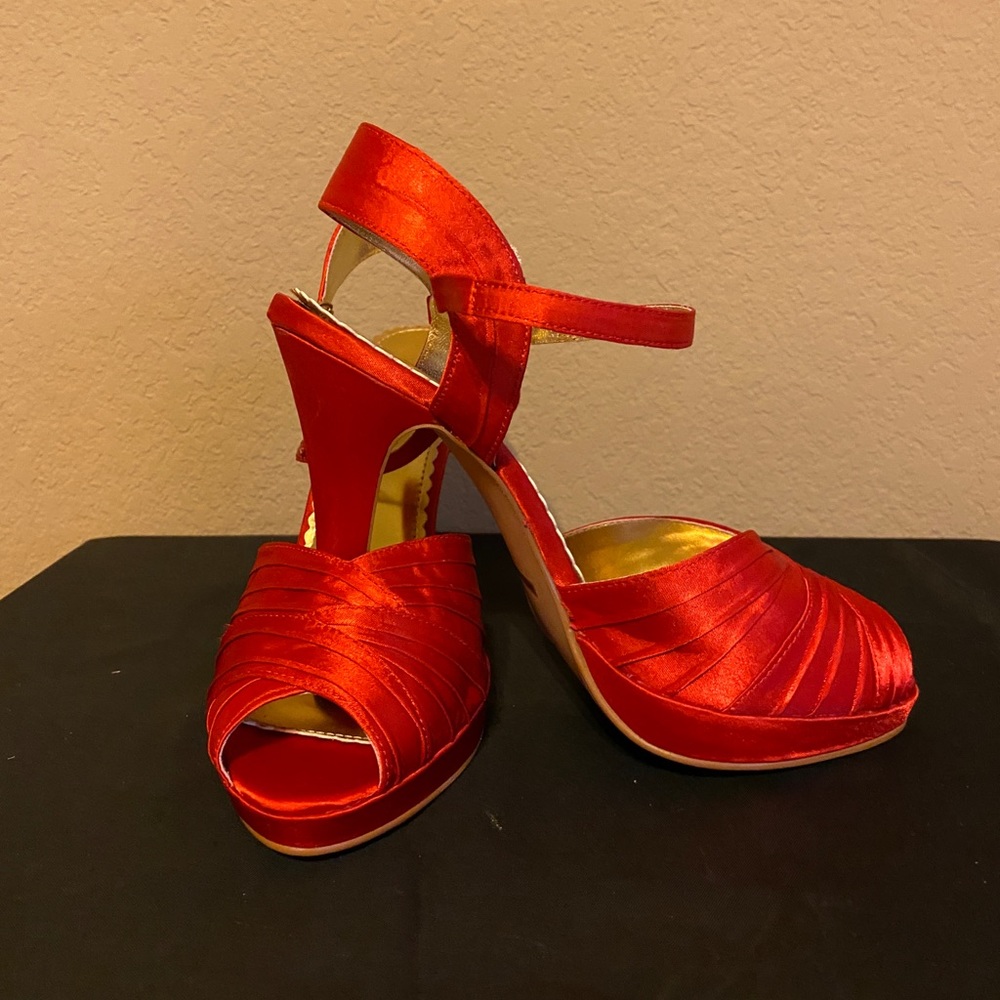 Anne Michelle Red Satin Peep Toe Heels
